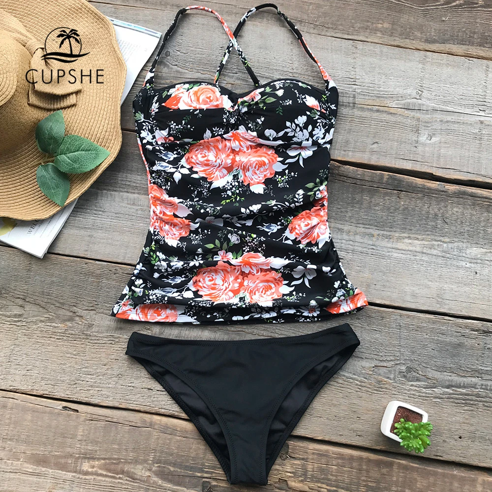 CUPSHE Slim Flora Print Fragrance Shirring Bikini Sets Women Sexy Two ...