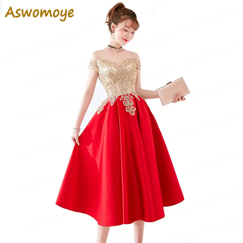 

Aswomoye Elegant Evening Dress 2018 New Golden Appliques Off the Shoulder Party Dress Sweetheart robe de soiree