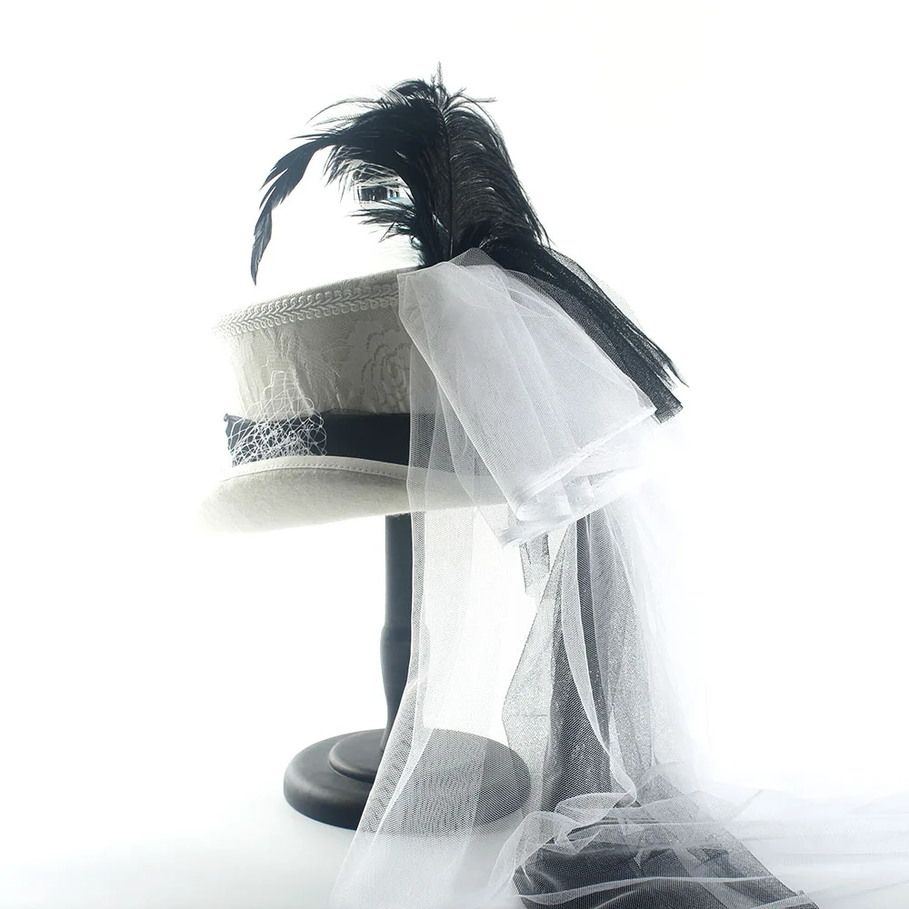 4 размера, белая шерстяная женская шляпа-федора ручной работы для невесты, Женская сетчатая шляпа в стиле стимпанк, перо бобра, вечерние, Свадебные шляпы 15 см