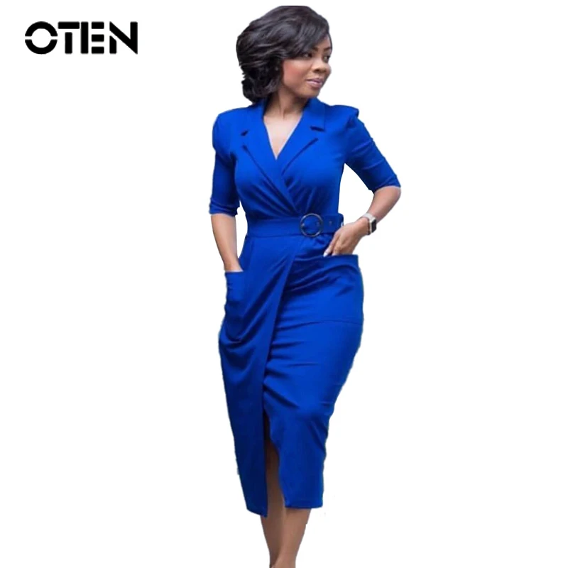 

OTEN New fashion for women loose elegant office dress 2018 Half Sleeve Sexy Front Split Business Work wear bodycon Sheath dress