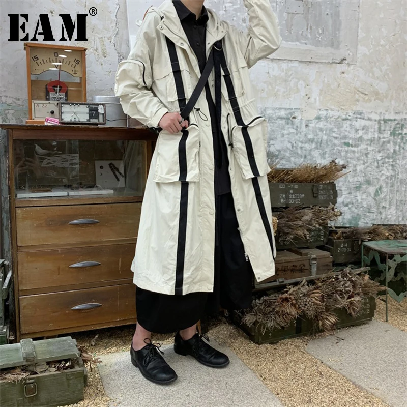 

[EAM] 2019 New Autumn Winter Hooed Long Sleeve Big Pocket Stitch Loose Big Size Long Windbreaker Women Trench Fashion JR029