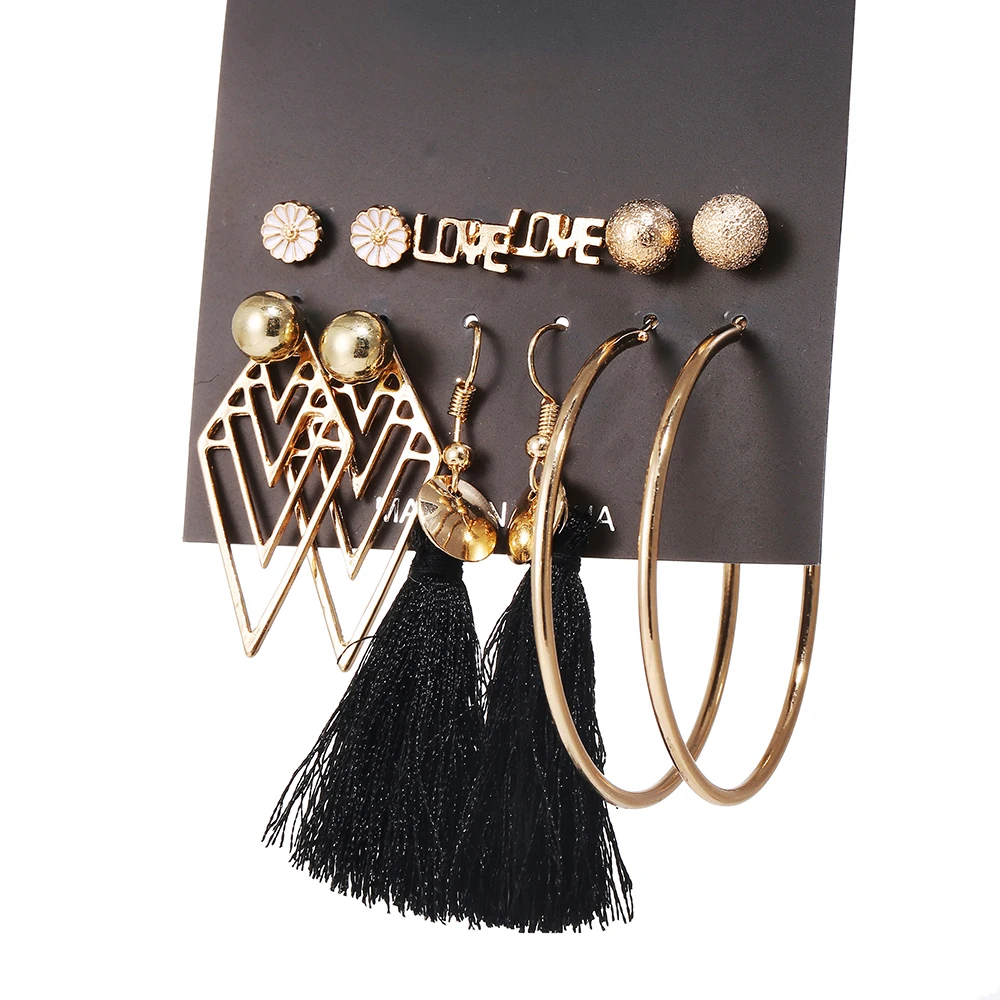 

Bohemian Gold Color Geometric Ball Circle Earrings set for Women Girls Fashion Love Flower Tassel Earrings Jewelry