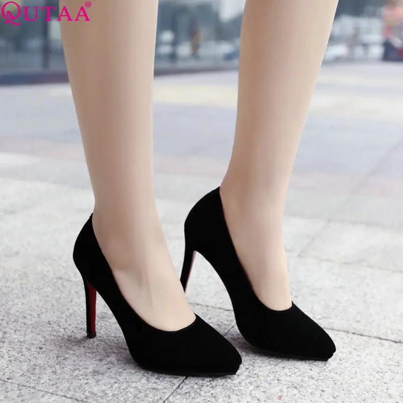

QUTAA 2019 Women Shoes Fashion Flock Thin High Heel Platform Party Shoes Wedding Pumps Flock Sexy Ladies Pumps Size 34-43