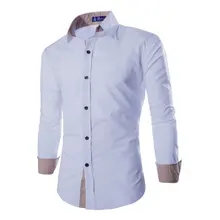 Men ClothesTop Long Sleeve with Patchwork Collar Casual Men Shirt White Camisa Dos Homens C72