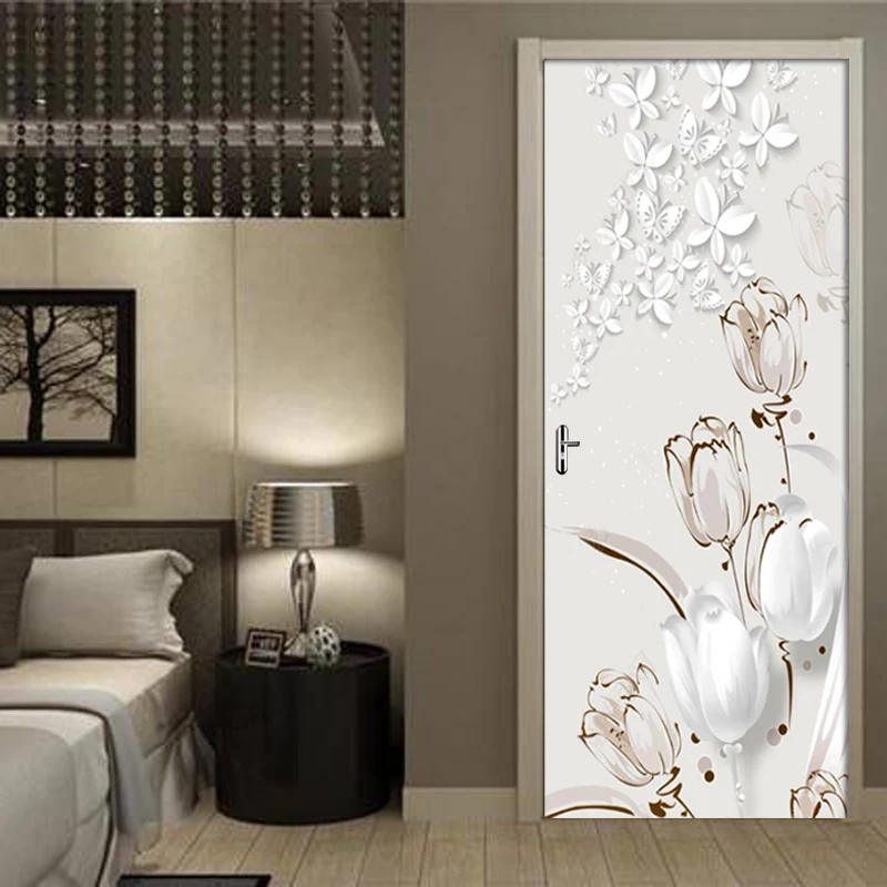 PVC Self Adhesive Waterproof Door Wall Sticker 3D Tulip Stereo Butterfly Wallpaper 3D Door Mural Living