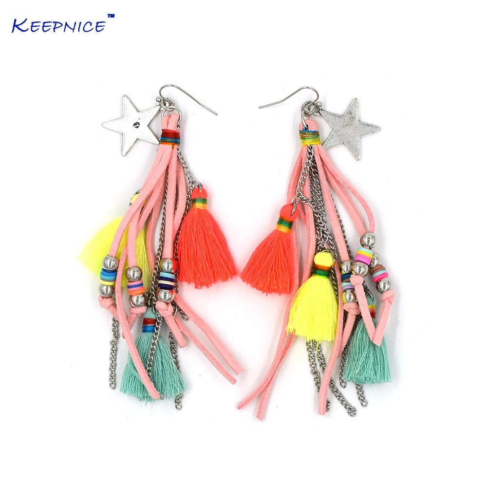 

New Pink leather Long fringe tassel earrings Ethnic Bohemia boho party earrings pentagram five stras charms chandelier earrings