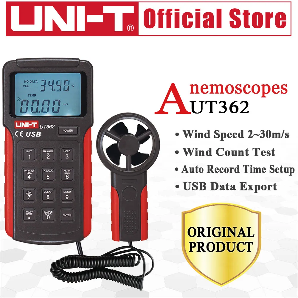 

UNI-T UT362 Anemometer Wind Speed Tester Wind Count Measurement Unit Switch LCD Backlight USB Data Transmission Temperature