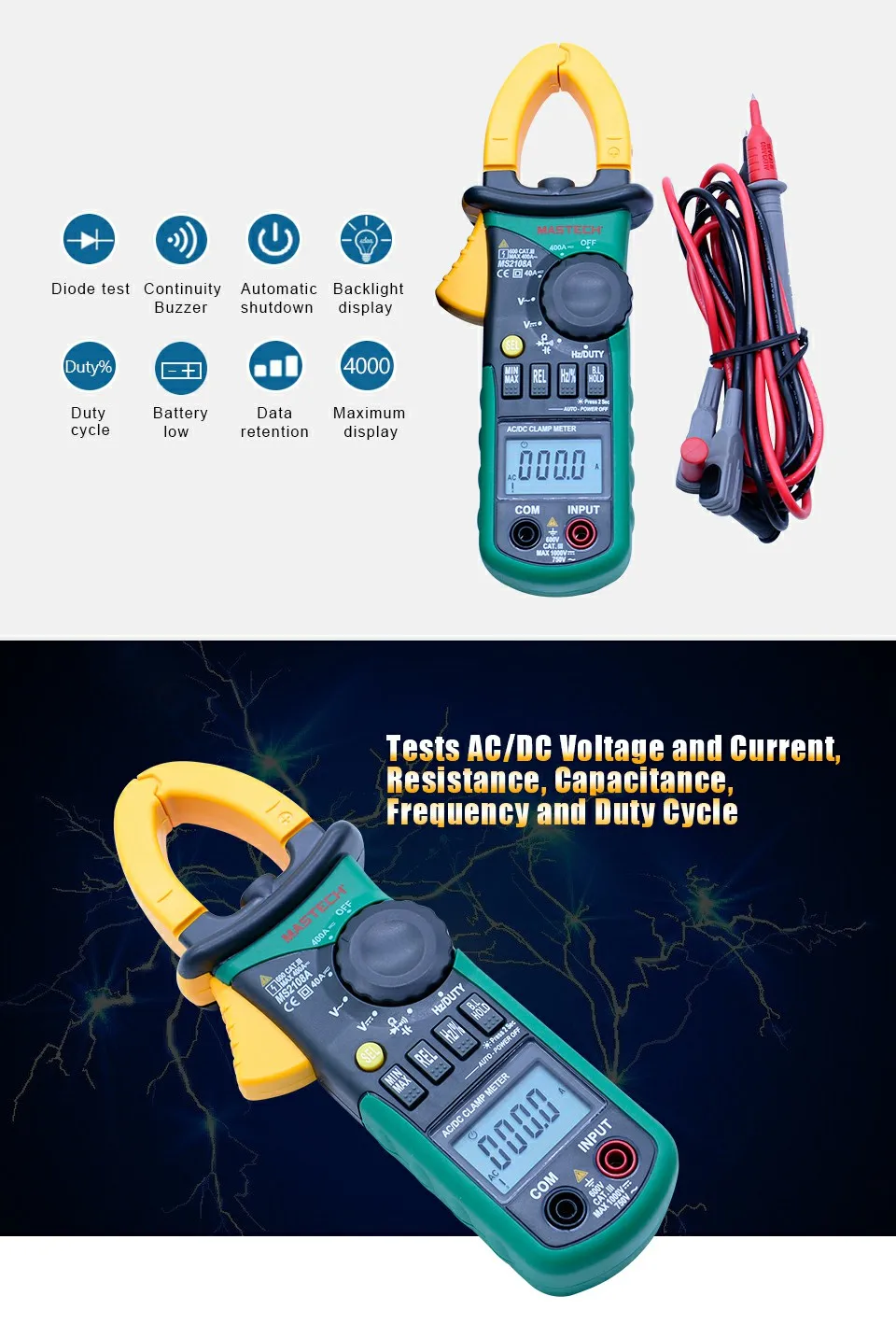 MASTECH MS2108A Автоматический диапазон цифровой клещи мультиметр AC 400A Ток Напряжение Частота клещи мультиметр тестер подсветка