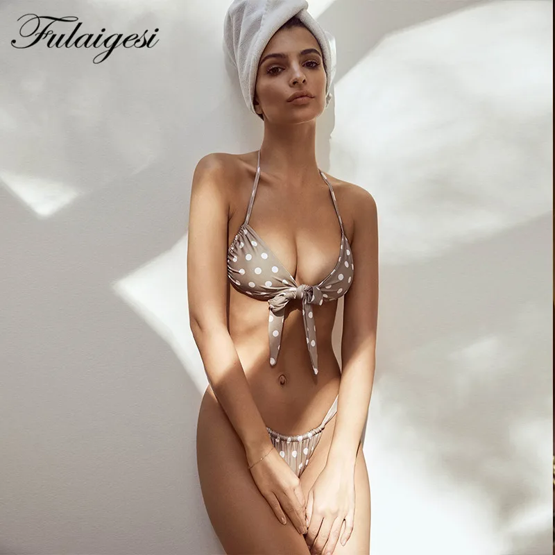 

Fulaigesi Women bikini set sexy 2019 hot new dot strappy swimwear halter swimsuit bow tie g thong swimming bathing suit beach