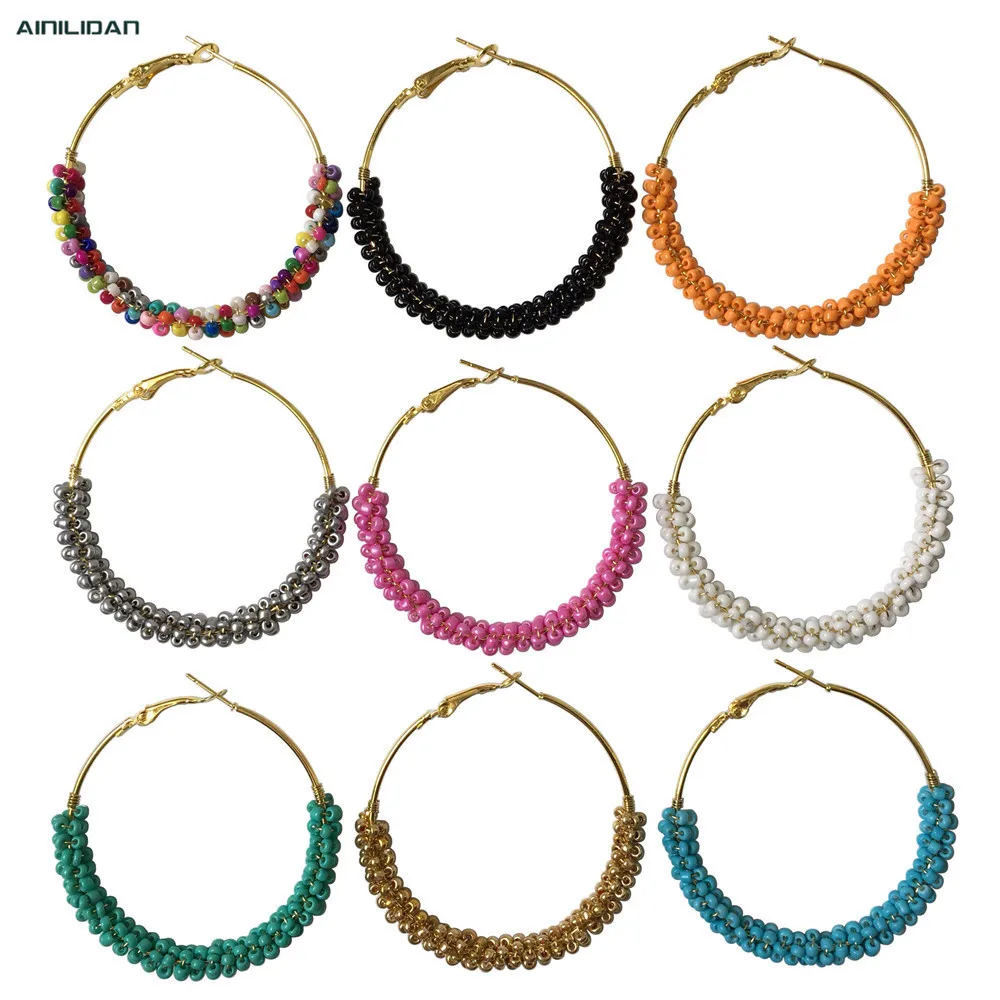 

AINILIDAN Bohemian Ethnic Style Earrings Fashion Plated Gold Color Circle Eardrop Handmade Tiny Glass Beads Dangle Earring