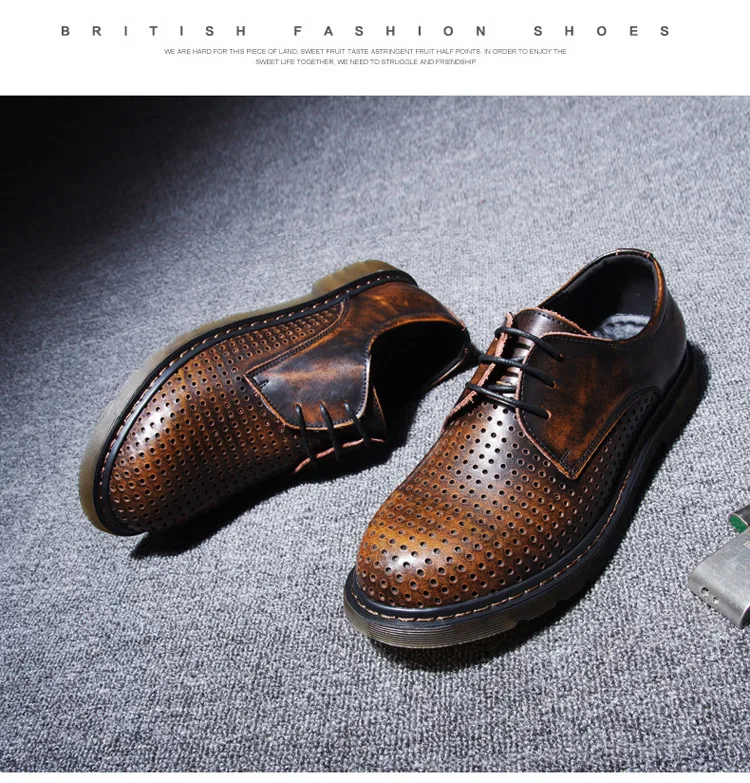 Летняя мужская обувь из натуральной кожи в винтажном стиле; модельные сандалии с вырезами в британском стиле; Туфли-Оксфорды martin на шнуровке; мужская обувь на плоской подошве; 033