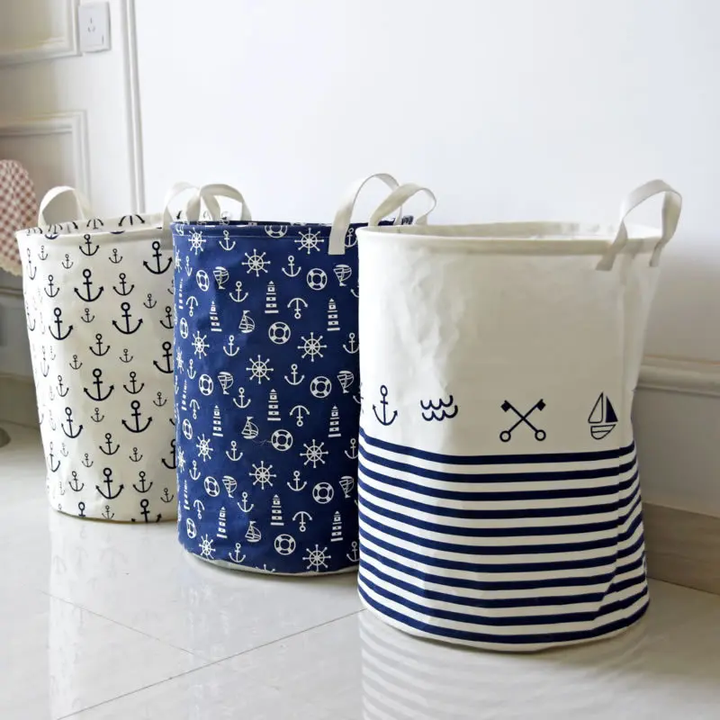 Collapsible Linen Storage basket or Laundry Bin Cotton Linen Fabric