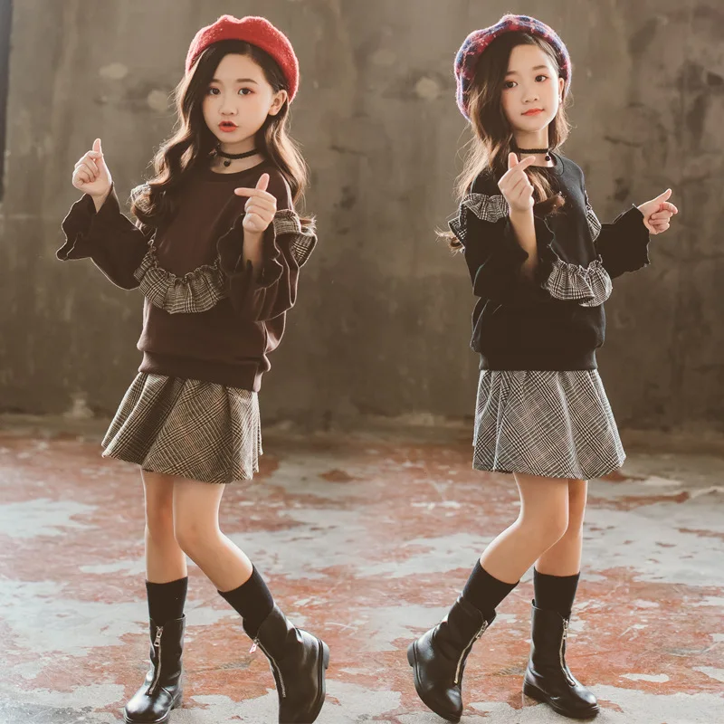 

Fashion Girls Clothes Sets Spring Autumn Kids Long Sweater Tops+Plaid Skirt 2 Pcs Suit Children Clothes Outfits Twinsets
