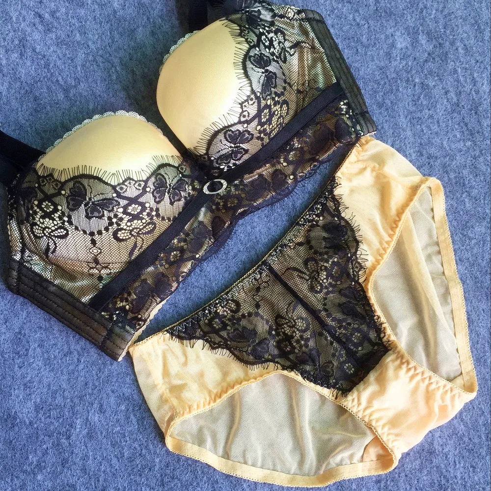 High Quality Sexy Bra Briefs Set Shiny Deep V Cups Push up B cups Thick