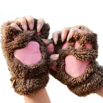 

Women Girls Lovely Cat Paw Claw Thick Half Fingerless Gloves Fluffy Plush Mitten