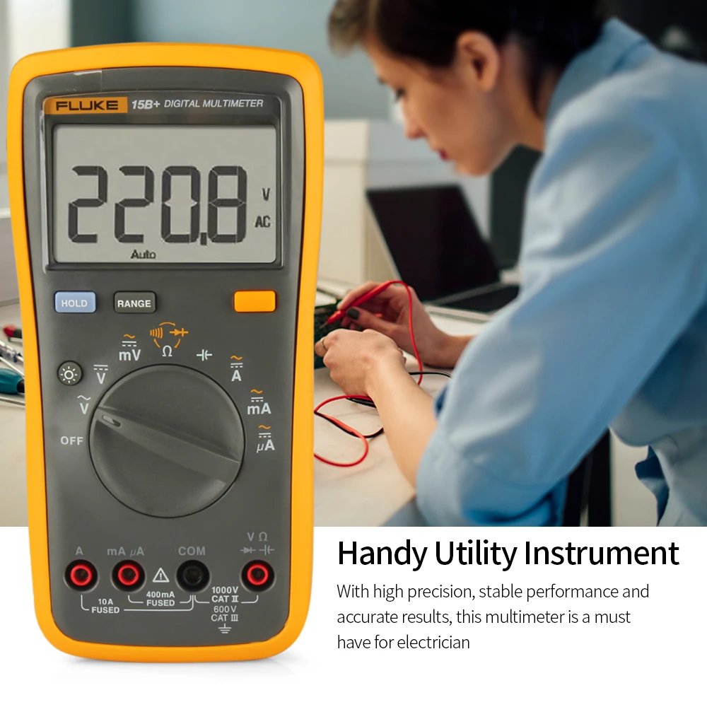 

FLUKE Mini Digital Multimeter Professional 4000 Counts AC/DC Ammeter Voltage Meter Diode Continuity Test Capacitor Tester F15B+
