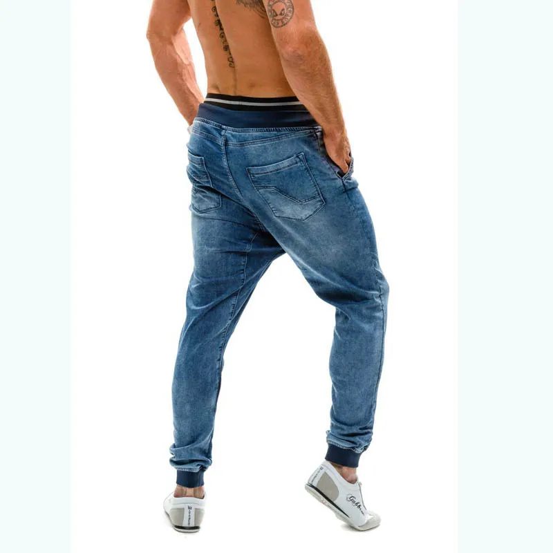 Günstige Männer der Indigo Drop Schritt Denim Jogger Hosen Schließen Kordelzug Regelmäßige Fit Blau Denim Jeans Harem Denim Hosen