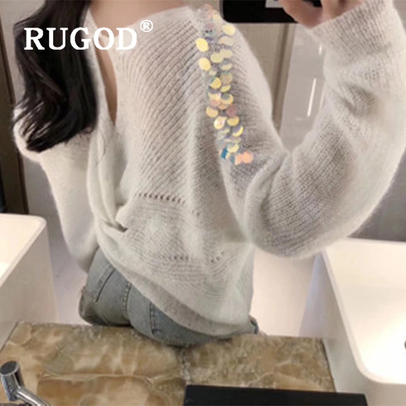 

RUGOD Korean sweet Sequin knitted women sweater Elegant round neck cross pullower sweater female Auturm white oversized coats