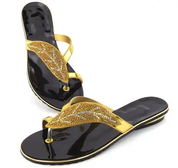 

Top sale gold women sandals with rhinestone leaves design african black low heel shoes for dress V40-2