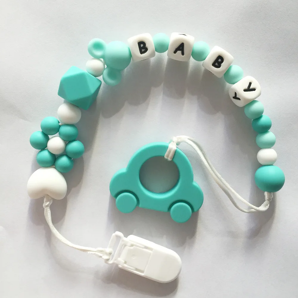 

Personalized Name Silicone Teething Pacifier Clips with Car Silicone teether Pacifier Chain Holder Clips for Baby Chew Toys