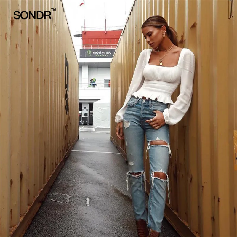 SONDR Ruffle Square Neck Long Sleeve Sexy White Woman Fashion 2019 Summer Vintage Shirts Female Boho Tops SONDR Ruffle Square Neck Long Sleeve Sexy White Woman Fashion 2019 Summer Vintage Shirts Female Boho Tops