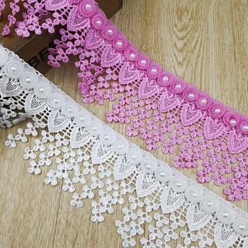 

13Yards Pink White Lace Trim 3D Chiffon Lace Fabric With Pearls Wedding Deco Fringe Tassel Lace Trimming DIY Craft