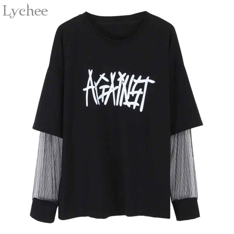 Lychee Harajuku женские футболки письмо сетки лоскутное с длинным рукавом футболка весна осень футболка Топ - Цвет: Black