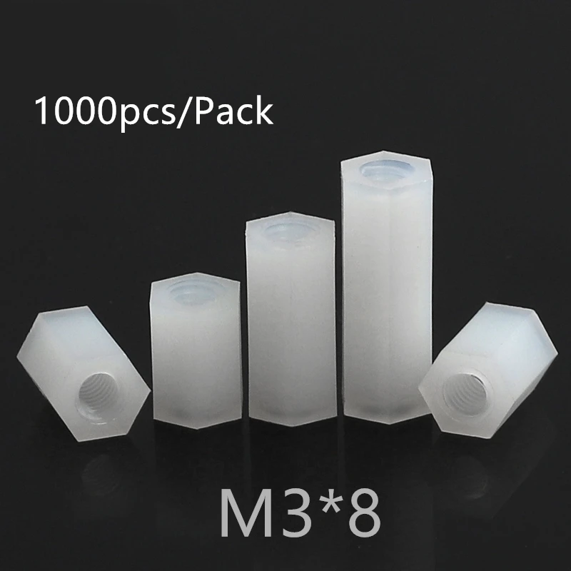 Espaçador de Nylon Parafusos Sextavados Longos para Rosca Ponta Plana em Nylon Passagem Dupla 1000 Peças m3 M3x8