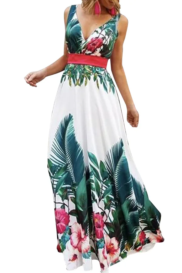 

Fashion Sleeveless Boho Maxi Woman Dress Printed Floral Vintage Beach Dresses Spaghetti Strap Party Vestido