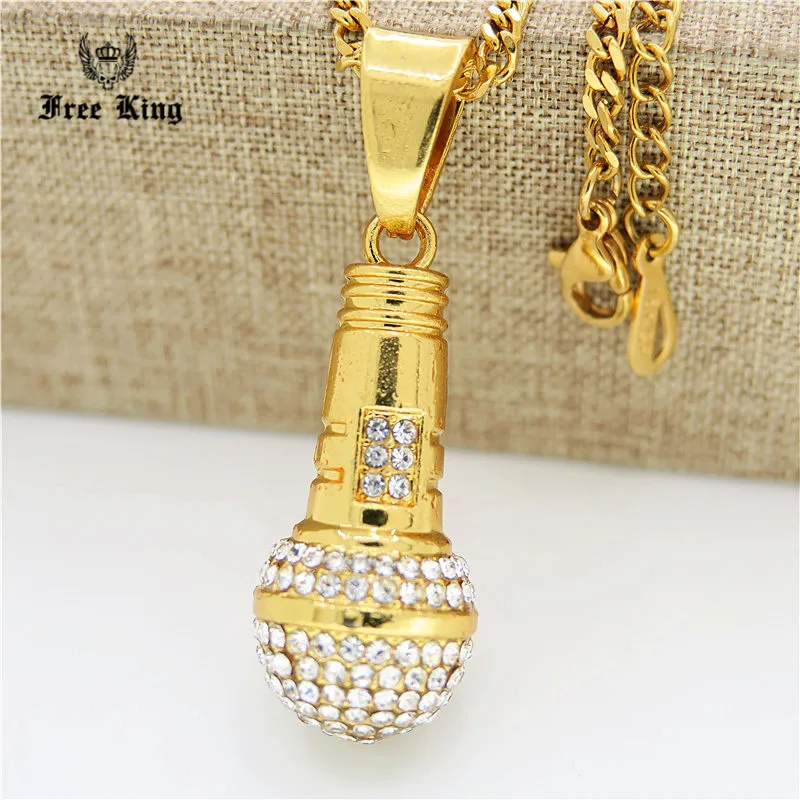 Mens Gold Iced Out CZ Singer Microphone Mic Small Pendant w/3mm 24" Cuban Chain Bling Necklace