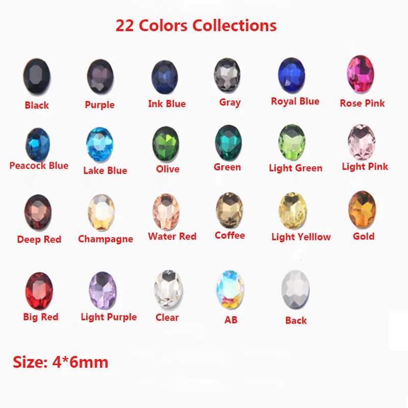  50pcs/bag 4*6mm 22 Colors Oval Nail Gems Pointback Crystals Glass Nail Art Accessory Decoration