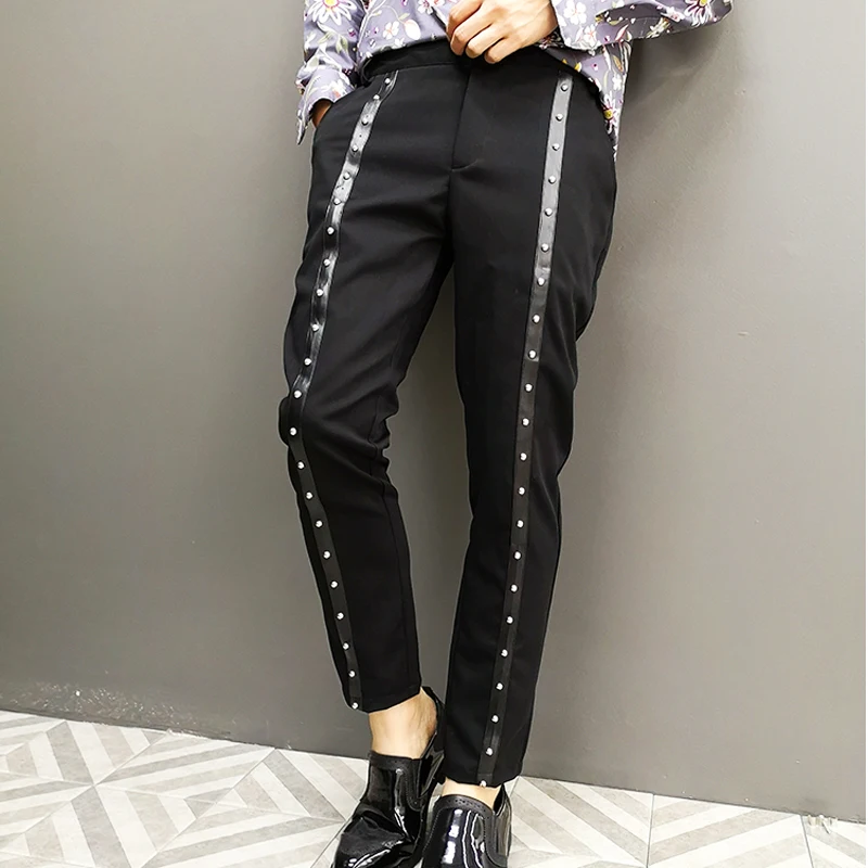 

Fashion Rivet Pencil Trousers Night Club Singer Stage Clothing Men Streetwear Hip Hop Punk Gothic Casual Black Harem Pants Male