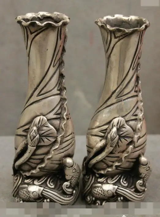 

S03843 6" Folk Chinese Auspicious Silver Fish Lotus Shape Statue Bottle Vase Pot Pair B0403
