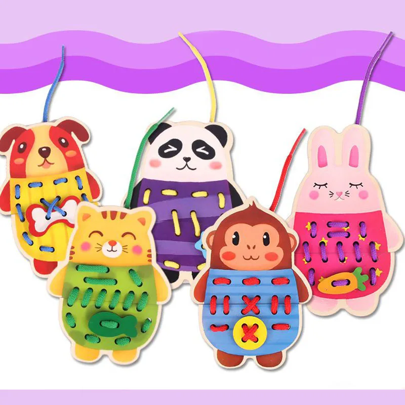  Kids Montessori Educational Toys Children Beads Lacing Board Wooden Toys Toddler Sew On Buttons Ear - 32960724464