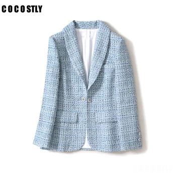 

Vintage Frayed Plaid Tweed Blazers Women Blue Color Long Sleeve Pockets women blazers and jackets Outerwear Casual Casaco Femme