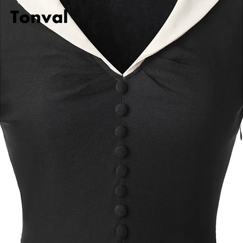 Tonval Rockabilly Dress Women Autumn Half Sleeve Button Dresses Turn-down Collar Vintage Style 50s Dress