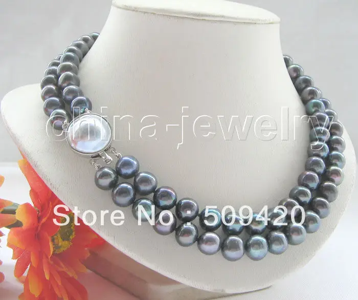 

~~ Free Shipping >>17-18" 2row 11mm black round FW pearl necklace - 925 silver blister Mabe pearl