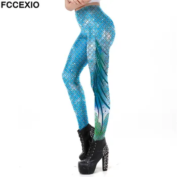 

FCCEXIO New Galaxy Mermaid Leggings Women Workout Fitness Legging Shiny Colorful Fish Scales Printed Leggins Plus Size Pants