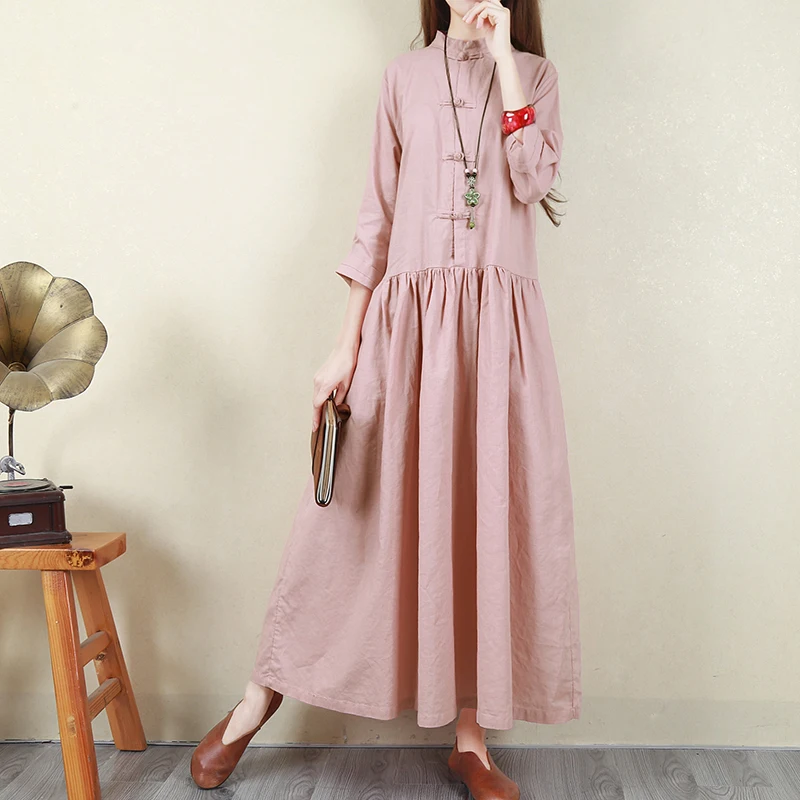 

Women Vintage Dress Cotton Linen 2018 Autumn Winter Long Maxi Solid Color Long Sleeve Loose Casual Women Robe
