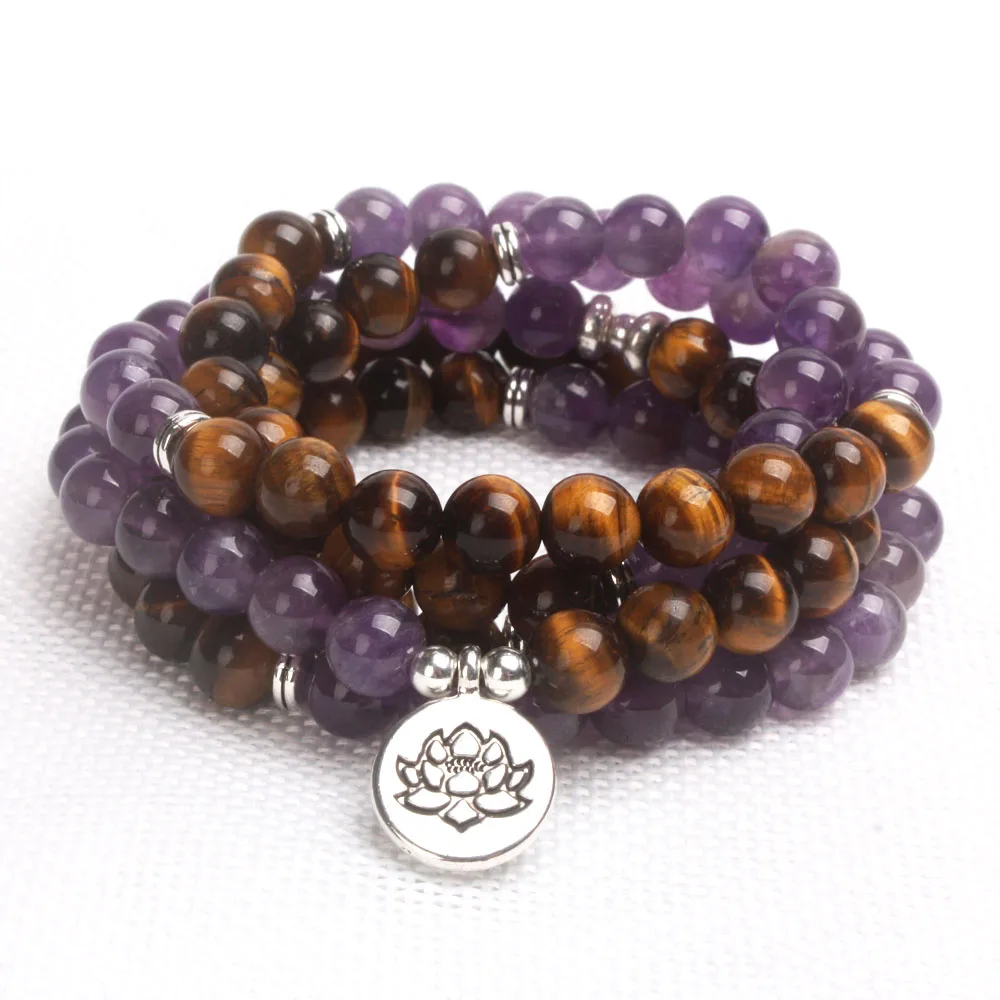 

Ame-thyst Tiger Eye Stone Yogi Reiki Lotus Tree Life Charm Bracelet Unisex Jewelry 108 Mala Nature Stone Necklace