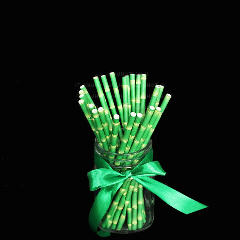 

25pcs Bamboo Paper Panda Straws Jungle Party Straws Creative Color Green Paper Straw Dessert Table Wedding Party Decoration