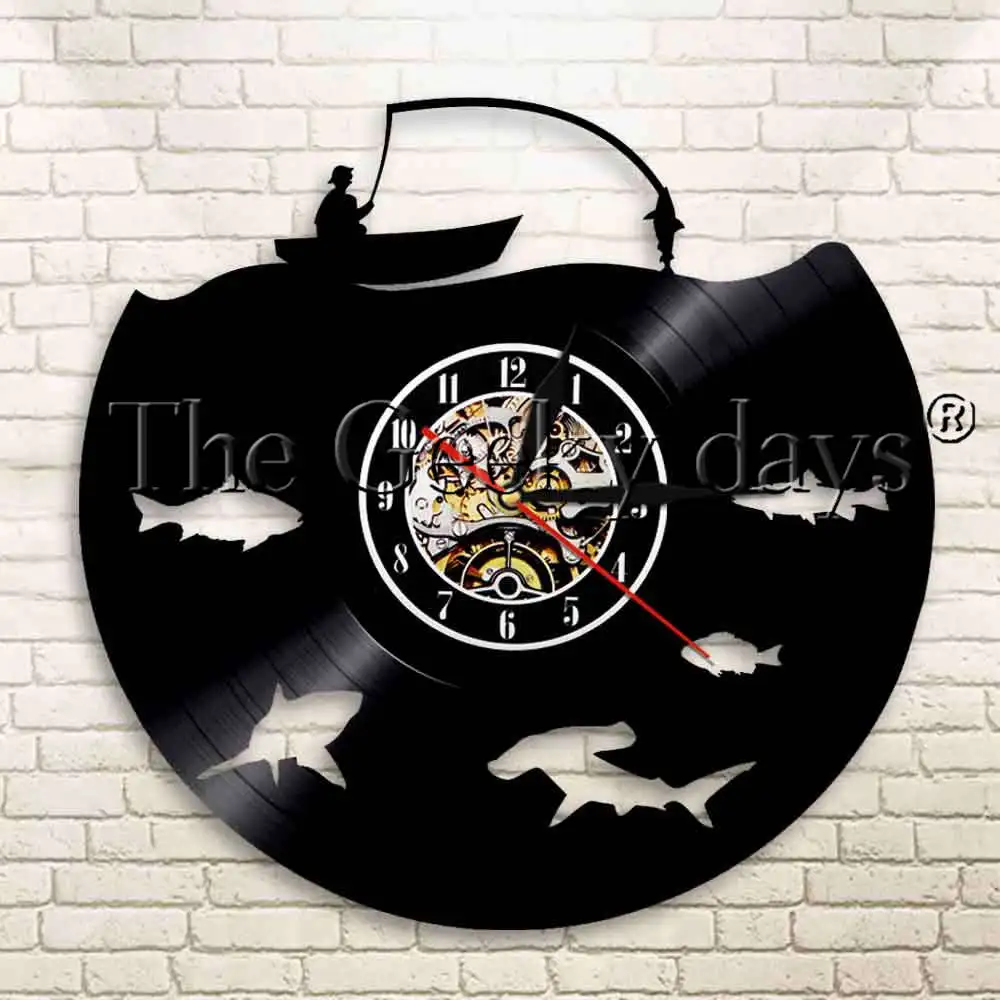 1Piece Fisherman on Boat Go Fishing Vinyl Record Wall Clock Modern
