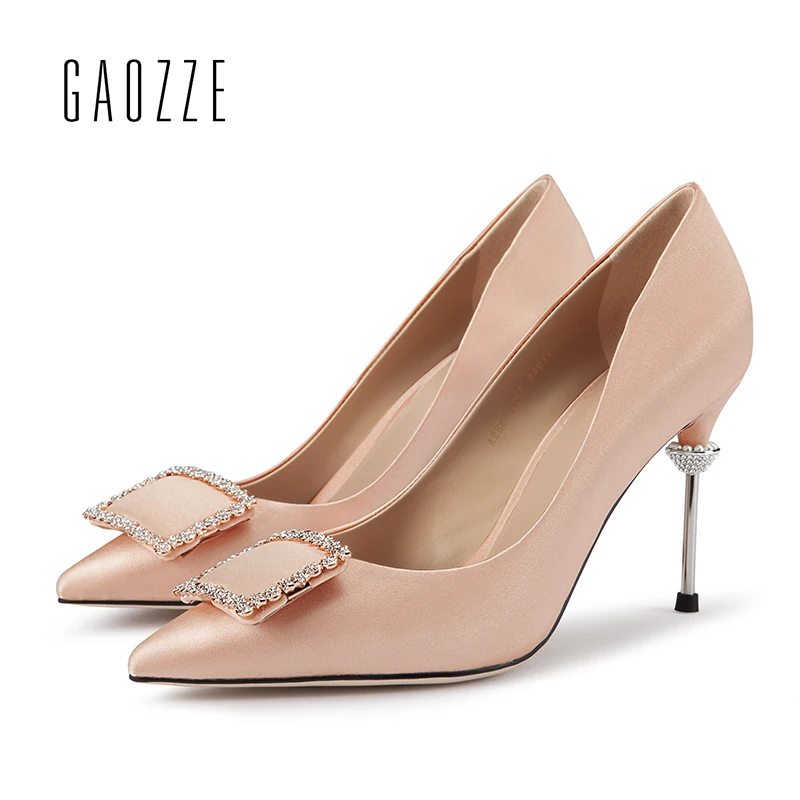 

GAOZZE Rhinestone Square Buckle Pumps Shoes Female Pointed Toe Sexy Thin High Heels Silk Cloth Latin Dance Shoes Woman 2018 New