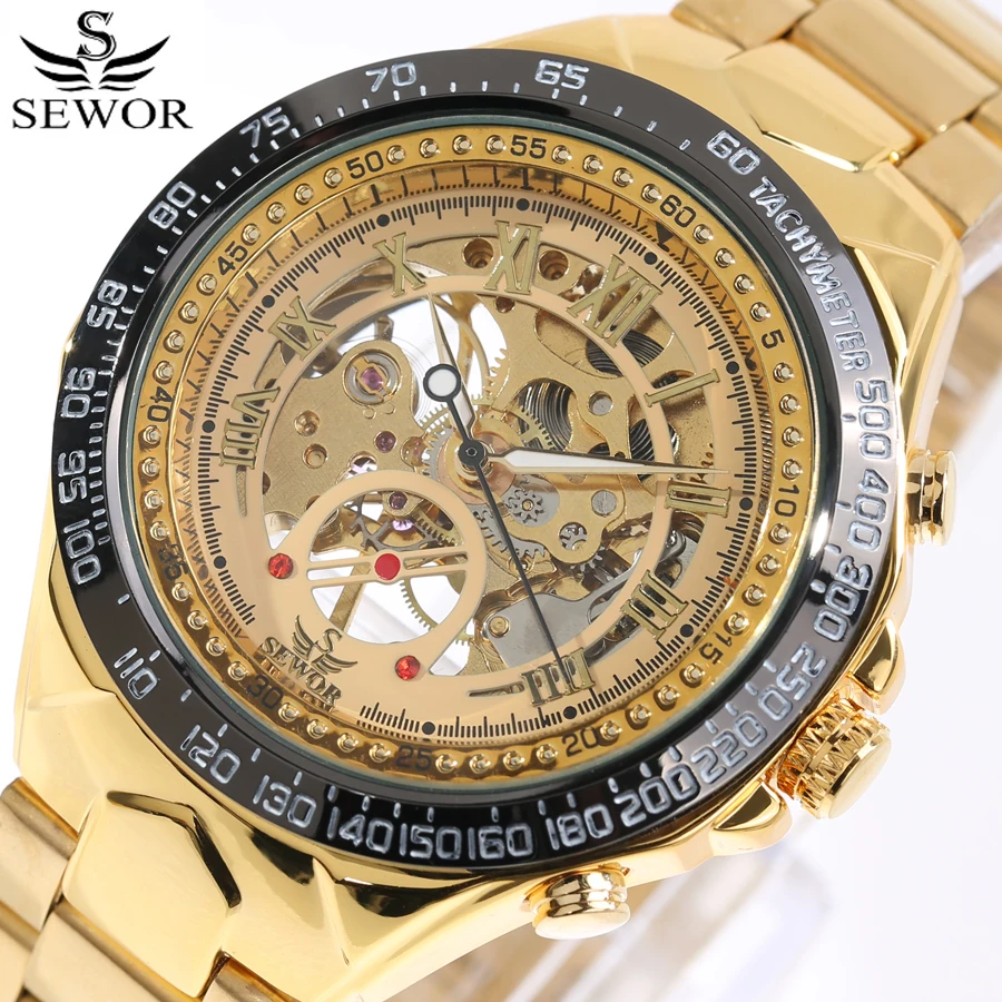 Koop Sewor top brand luxe horloge mannen skeleton mechanische gold skeleton sport horloge heren rvs bandjes relogio 2017