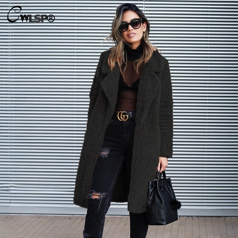 

CWLSP 2018 Winter Furry Long Woman Coat Open Stitch Outwear Elegant Warm 6 Color Feminine Coat Clothes Plus Size 3XL QZ3151