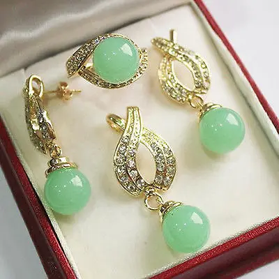 

Jewelry 12mm Green jade Pendant Necklace Earrings Ring Set >>18K gold plated watch wholesale Quartz stone CZ crystal