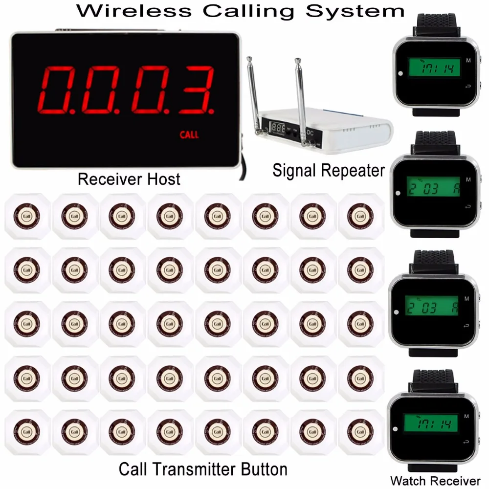 

Wireless Restaurant Pager Calling System With Receiver Host+4pcs Watch Receiver+Signal Repeater+40pcs Call Transmitter F3293B2