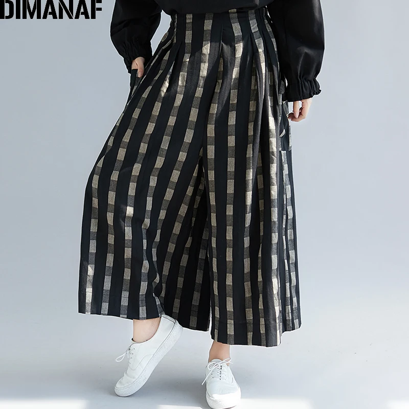 DIMANAF размера плюс женские широкие брюки осенние льняные винтажные длинные штаны в клетку больше размера d с эластичной талией большие брюки 5XL
