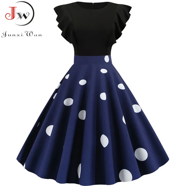 Black White Patchwork Floral Print Summer Dress Women 2021 Petal Sleeve Dot Vintage Dress Robe Casual Rockabilly Party Vestidos 6