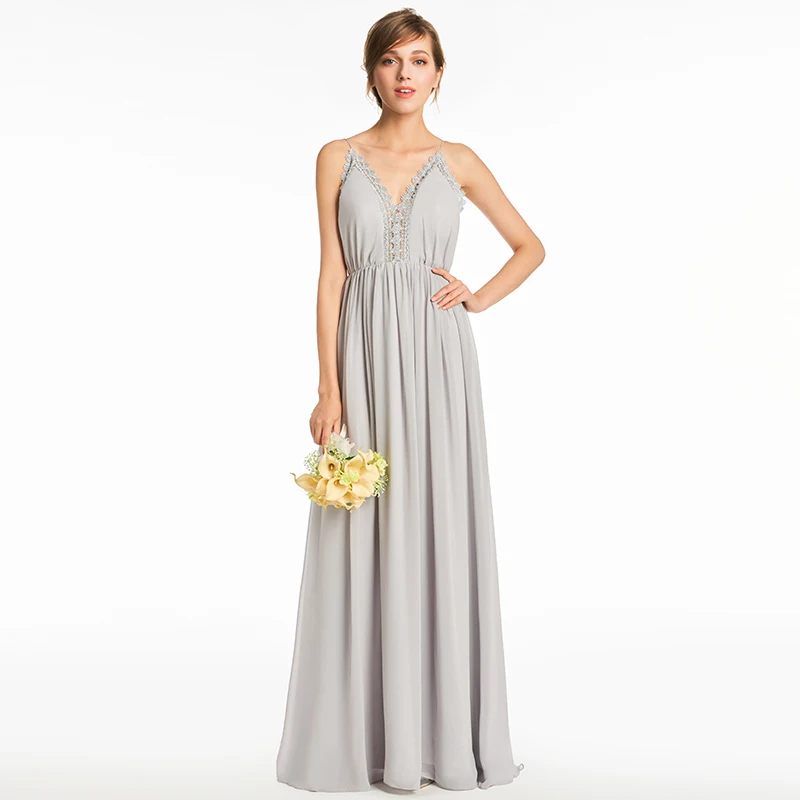 

Tanpell spaghetti straps bridesmaid dress silver sleeveless floor length a line gown lady backless long custom bridesmaid dress